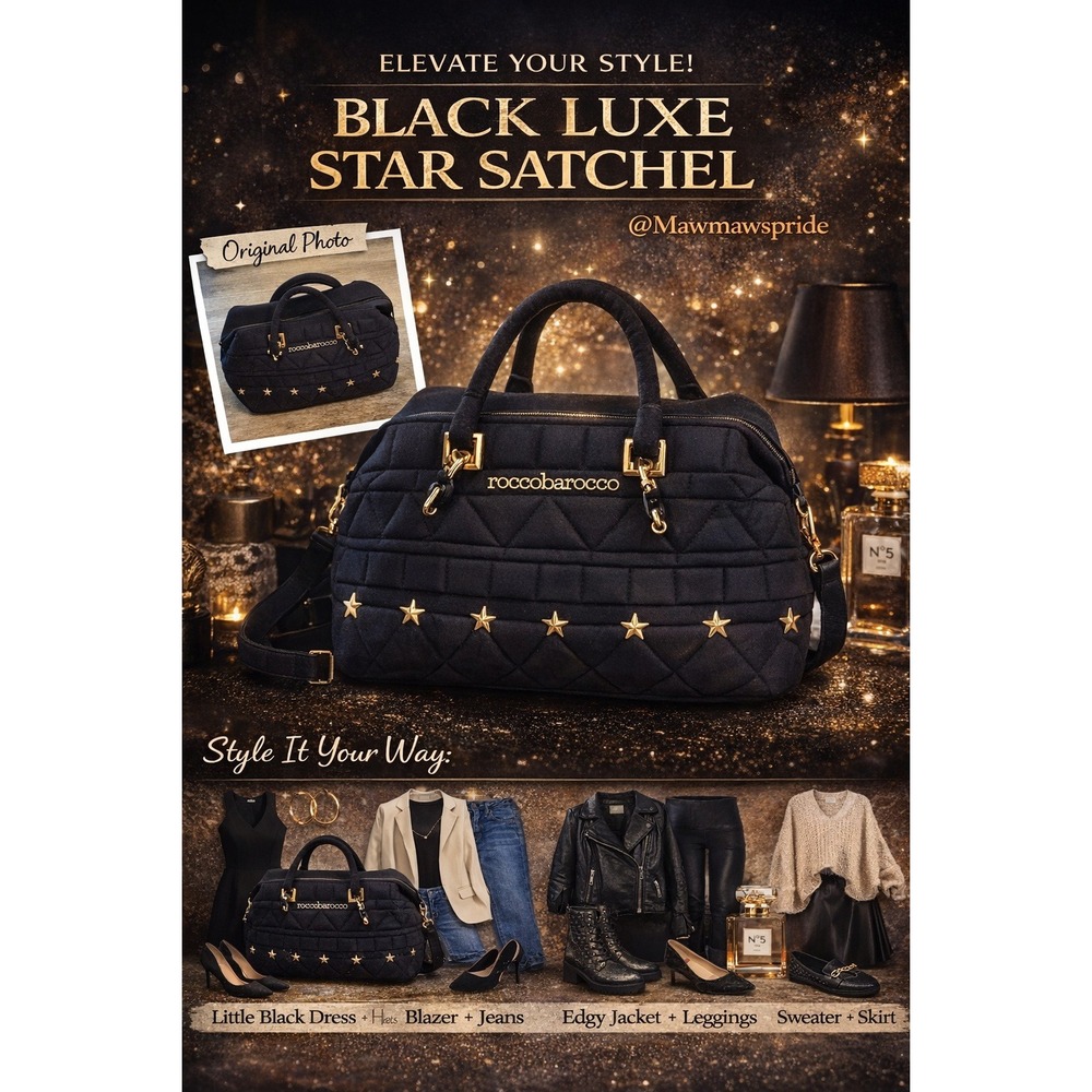 Roccobarocco Italian Black Quilted Satchel Bag Gold Star Accents Chain Detail